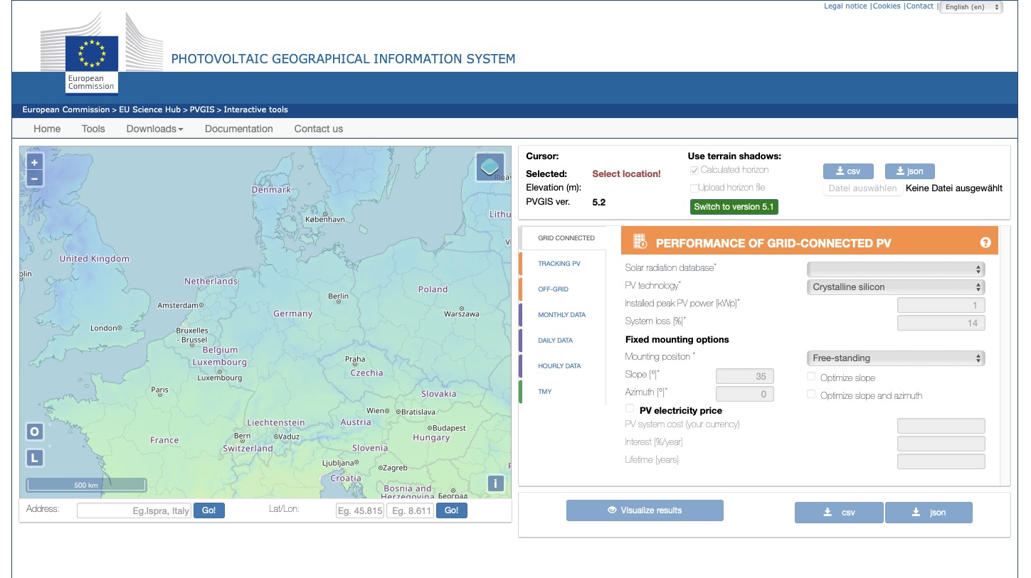 Screenshot zeigt das PVGIS-System mit Deutschlandkarte