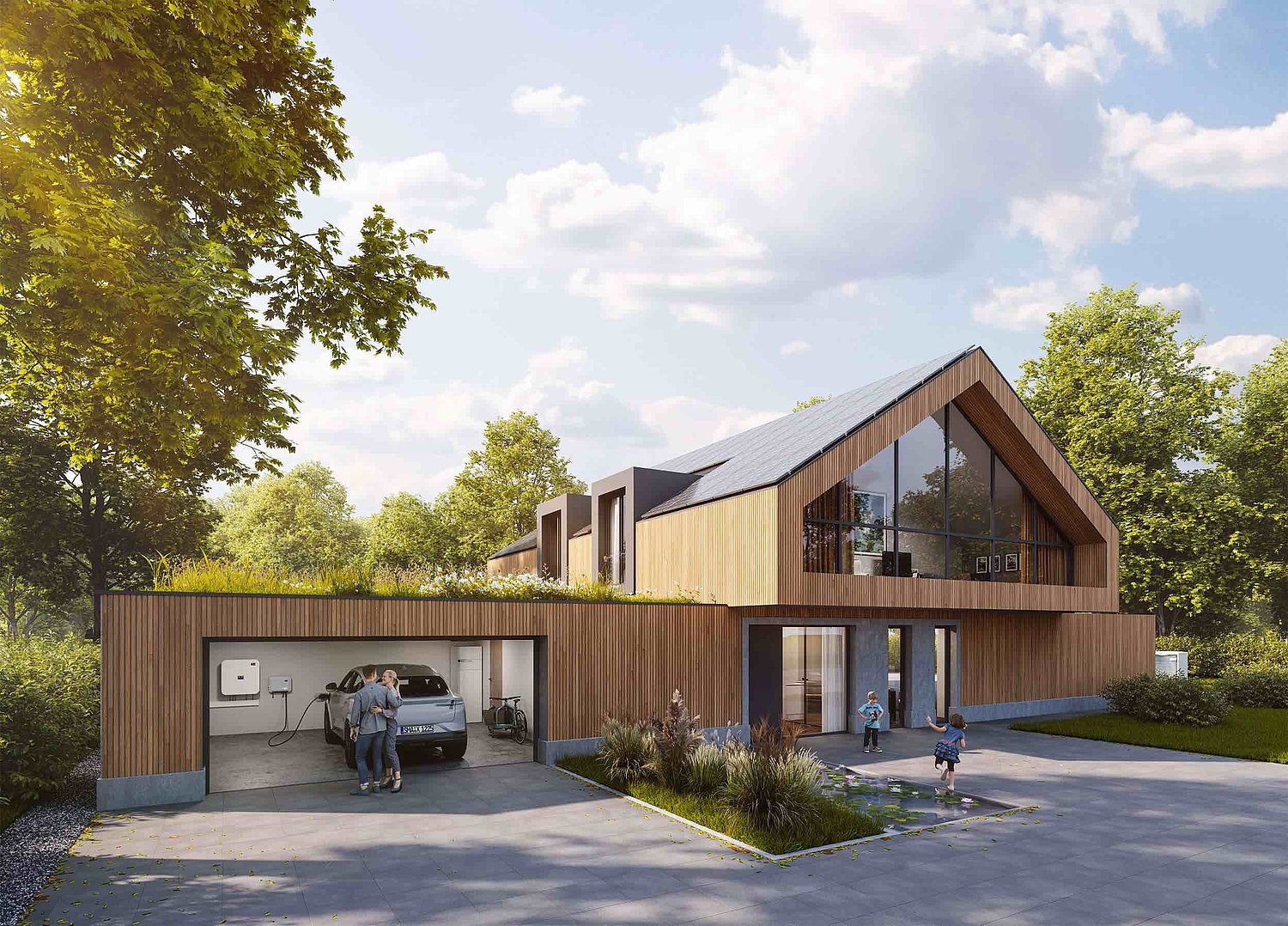 Frontansicht eines modernen Houses in Holzbauweise mit angrenzender Garage, man Sieht eine Solaranlage auf dem Dach und eine Wallbox mit E-Auto
