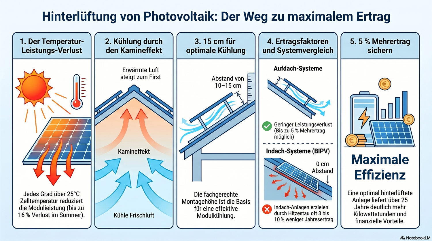 Infografik zur Leistungsoptimierung von Photovoltaik-Modulen durch passive Kühlung, Kamineffekt und den optimalen Abstand zur Dachhaut.