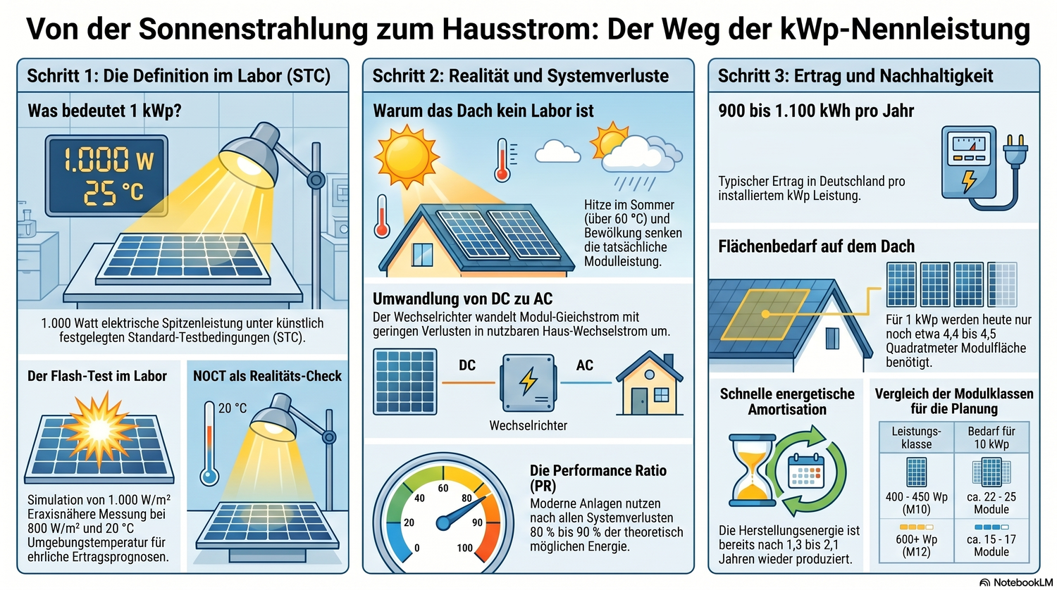  Infografik zur Erklärung der kWp Nennleistung bei Photovoltaik. Die Darstellung visualisiert den Unterschied zwischen normierten Laborbedingungen (STC) und dem tatsächlichen Stromertrag auf dem Hausdach. Sie zeigt den durchschnittlichen Jahresertrag von 900 bis 1.100 kWh pro 1 kWp und veranschaulicht den benötigten Flächenbedarf moderner Solarmodule von rund 4,5 Quadratmetern je Kilowatt-Peak.