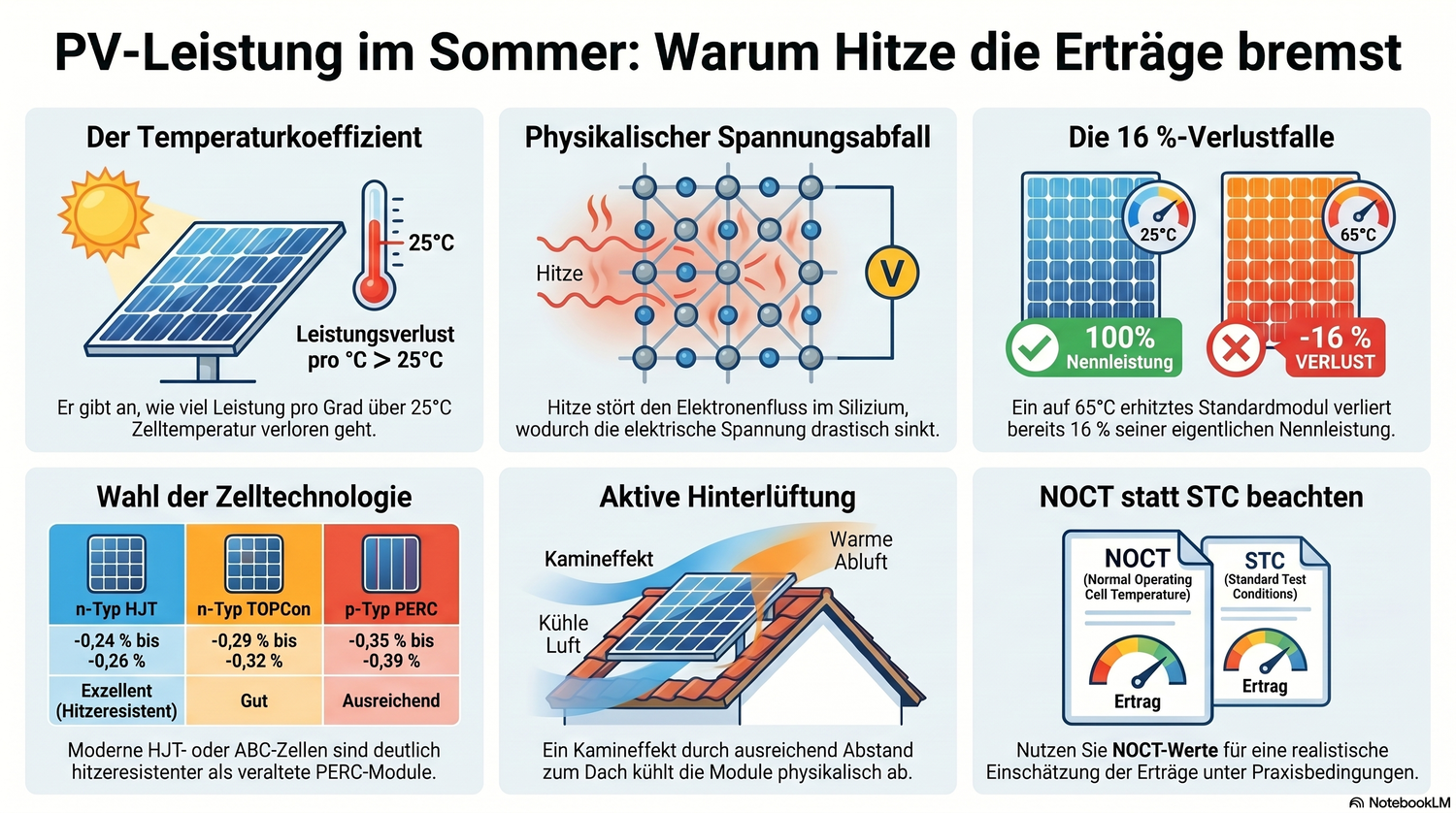  Infografik zum Leistungsabfall von Photovoltaik-Modulen bei Hitze: Darstellung des Temperaturkoeffizienten, der steigenden thermischen Eigenschwingung im Siliziumkristall und des daraus resultierenden Spannungsabfalls, der bei 65 Grad Zelltemperatur zu 16 Prozent Leistungsverlust führt.