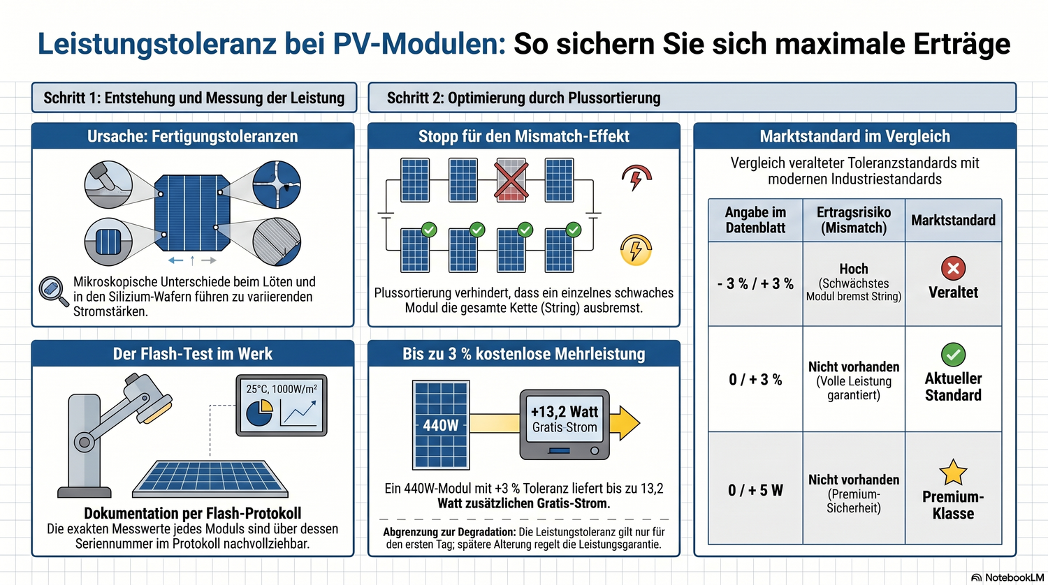 Infografik zur Leistungstoleranz bei Photovoltaik-Modulen. Die Darstellung veranschaulicht, wie die moderne Plussortierung sicherstellt, dass Solarmodule mindestens ihre Nennleistung erbringen, wodurch der verlustreiche Mismatch-Effekt in der Reihenschaltung verhindert und der Solarertrag maximiert wird.