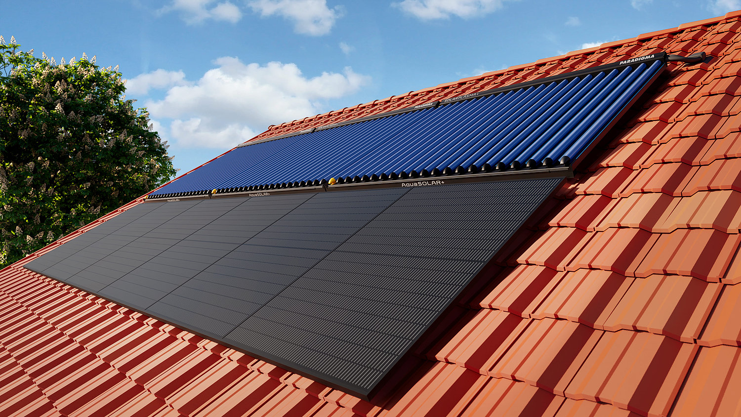 Solarthermie und Solarmodule auf einem roten Ziegeldach